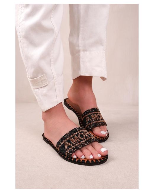Where's That From Pink 'Note' Strap Flat Sandals With Beaded Text Detail