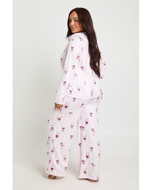 Boohoo Pink Plus Stripe Cocktail Long Sleeve Shirt And Trousers Pyjama Set
