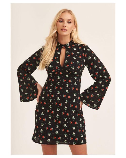 Gini London Black Rose Print Flared Sleeve Mini Dress With Cut Out
