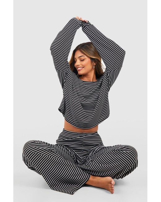Boohoo Gray Loungewear Stripe Long Sleeve Top & Trousers Pyjama Set