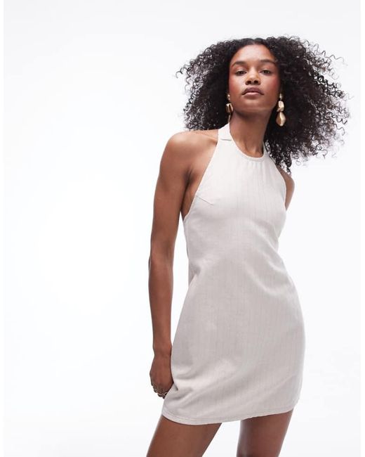 TOPSHOP White Denim Halterneck Mini Dress