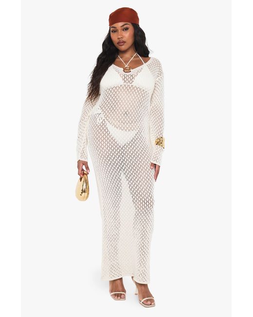 Boohoo White Plus Knitted Trim Detail Beach Maxi Dress