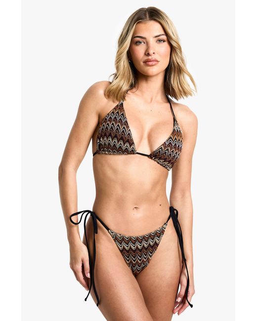 Boohoo Natural Knitted Zig Zag Tie Side Bikini Bottoms