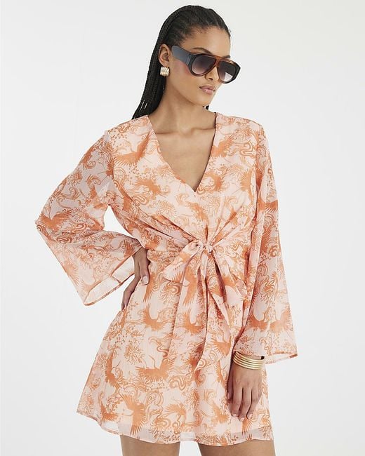 River Island Pink Mini Dress Long Sleeve Tie Front V-Neck