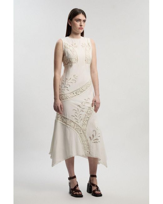 Karen Millen Natural Cutwork And Embroidery Linen Viscose Woven Maxi Dress