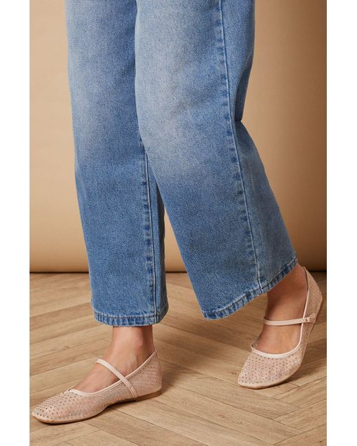 Oasis Blue Amaris Faux Leather Mesh Diamante Mary Jane Ballerina Pumps