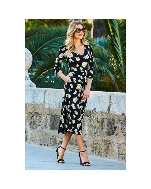 Sosandar Green Print Fit & Flare Midi Dress With Pockets