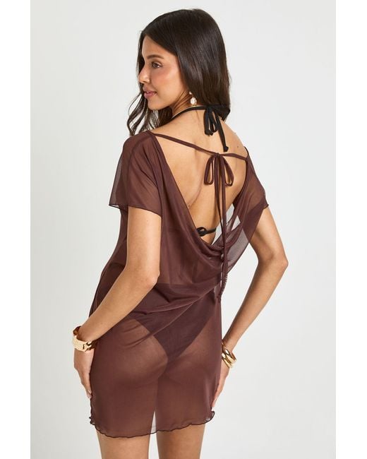 Boohoo Brown Sheer Mesh Asym Cowl Back Mini Beach Dress