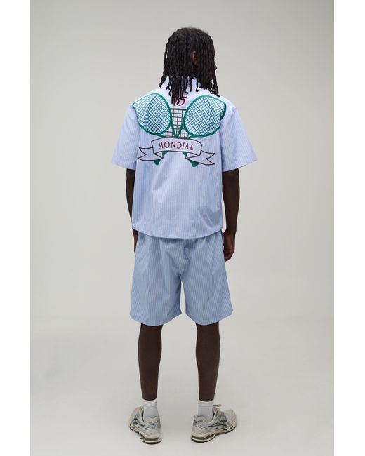 BoohooMAN Blue Tennis Embroidered Stripe Regular Fit Shirt & Short Set for men