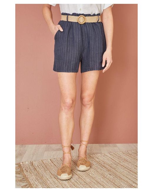 Yumi' Blue Striped Italian Linen Shorts With Belt