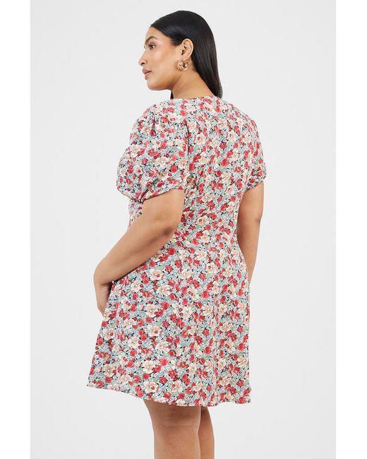 Brave Soul White Curve Floral Puff Sleeve V-Neck Mini Dress