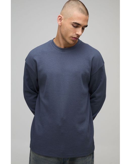 BoohooMAN Blue Oversized Waffle Long Sleeve T-Shirt for men