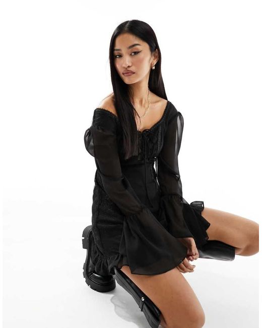 Miss Selfridge Black Chiffon Lace Mix Tie Front Mini Dress