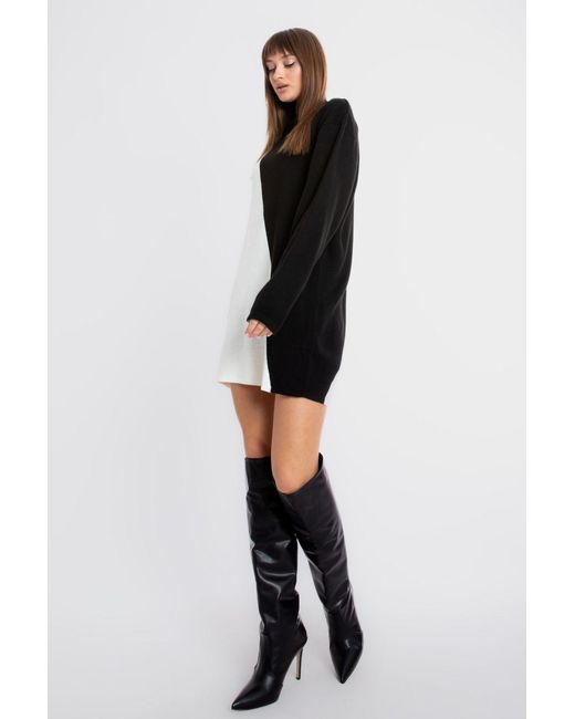 Hiccup Black Knitted Geometric High Neck Long Sleeve Mini Dress