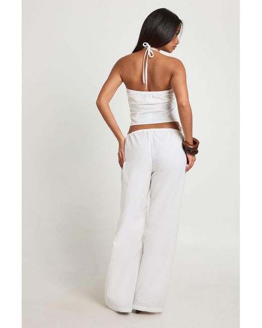 Boohoo White Linen Look Tie Side Low Rise Trousers
