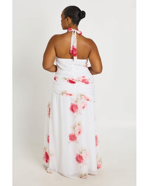 Boohoo White Plus Halterneck Ruched Detail Chiffon Maxi Dress