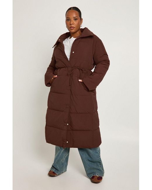 Boohoo Brown Plus Tie Waist Puffer Coat