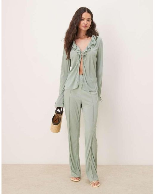 Vila Green Textured Ruffle Tie Front Jersey Top Co-Ord