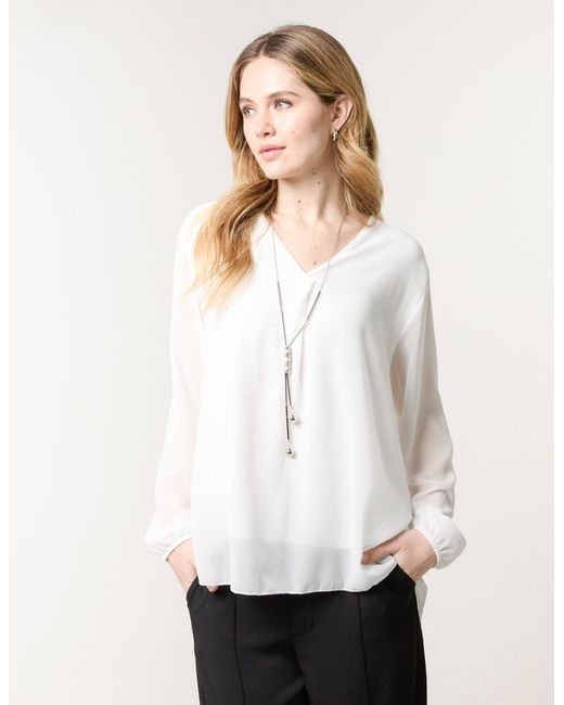 Blue Vanilla White Chiffon V Neck With Necklace