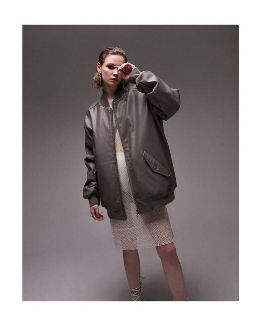 TOPSHOP Brown Faux Leather Super Oversized Bomber Jacket