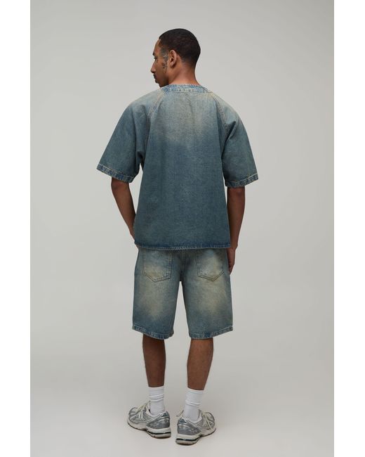 BoohooMAN Blue Oversized Denim Baseball Shirt for men