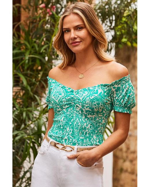 Sosandar Green Baroque Print Shirred Waist Bardot Jersey Top Denim