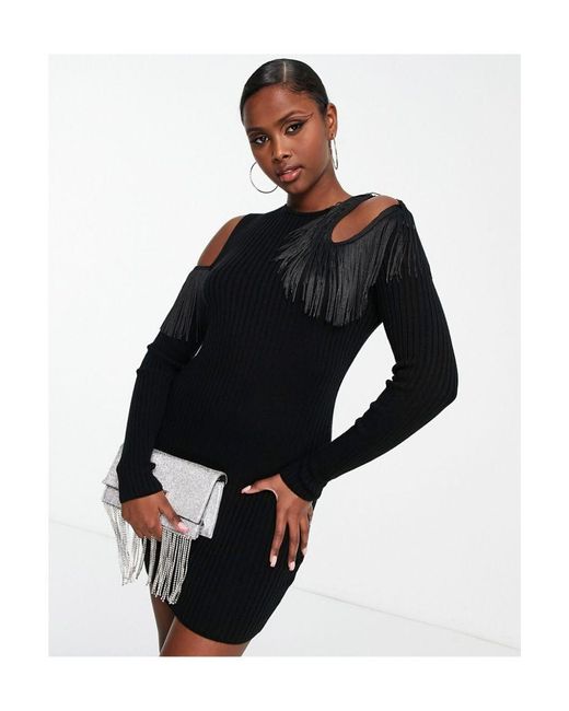 ASOS Black Knitted Mini Dress With Fringe Cut Out Detail