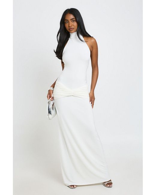 Boohoo White High Neck Scarf Wrap Waist Maxi Column Dress