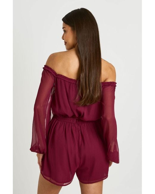 Boohoo Red Chiffon Bardot Volume Sleeve Playsuit