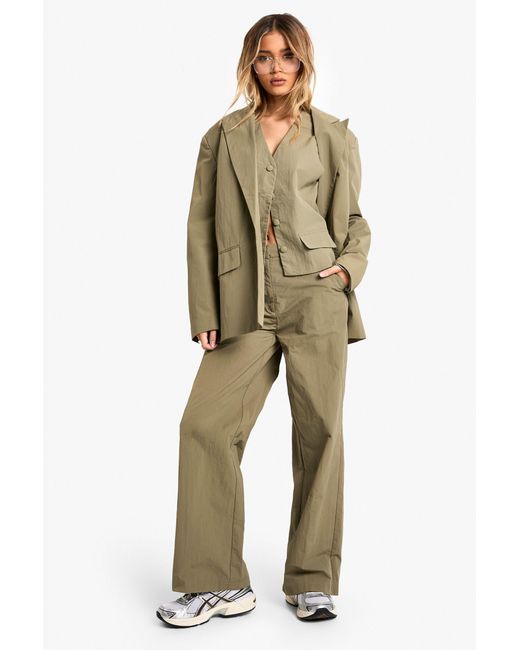 Boohoo Natural Tailored Nylon Straight Leg Trouser