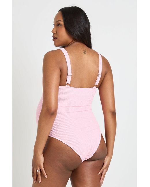Boohoo Pink Maternity Crinkle Scoop Neck Trim Detail Swimsuit