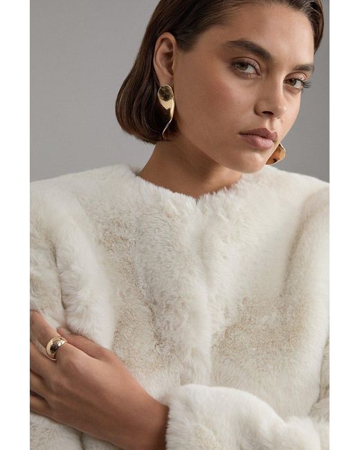 Karen Millen White Collarless Faux Fur Jacket