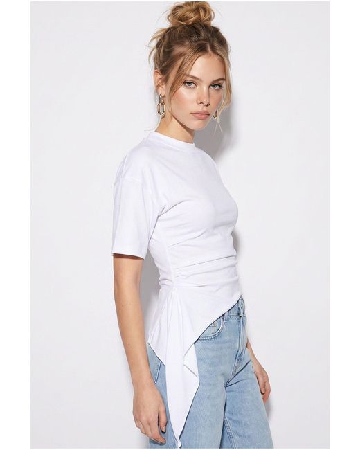 Bianco Lucci White Fitted Jersey Blouse With Drape Detail