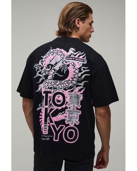 BoohooMAN Black Oversized Dragon Puff Print T-Shirt Cotton for men