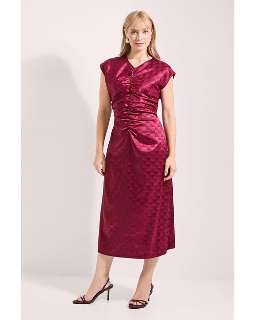 PRINCIPLES Red Ruched Front Satin Jacquard Keyhole Detail Midi Dress