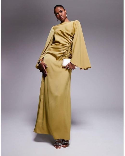 ASOS Metallic Exaggerated Sleeve Bias Maxi Dress With Ruched Waist