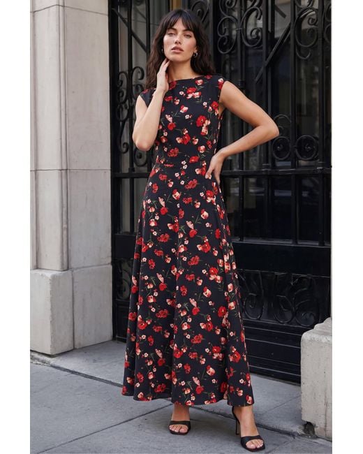 Roman Black High Neck Floral Poppy Print Dress