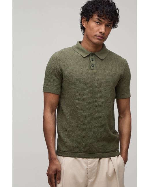 BoohooMAN Green Regular Fit Textured Button Up Knitted Polo for men