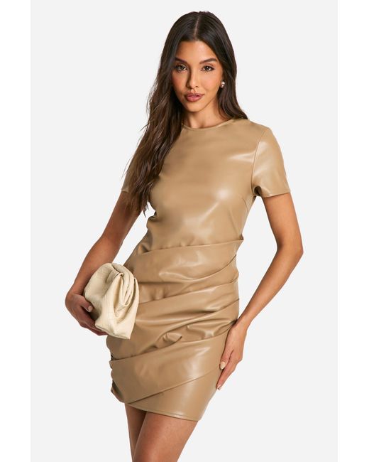 Boohoo Natural Pu Wrap Ruched T-Shirt Mini Dress