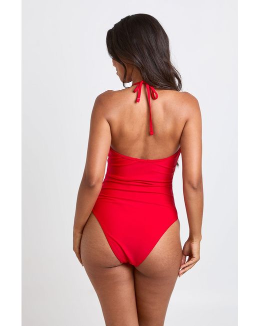 Boohoo Red Ruched Halter Neck Swimsuit