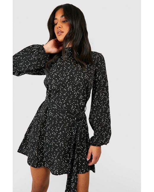 Boohoo Black Petite Ditsy Spot Print Belted Skater Dress