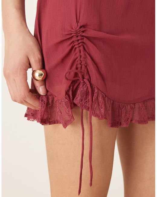 ASOS Red Lace And Chiffon Mini Dress With Ruched Hem Detail