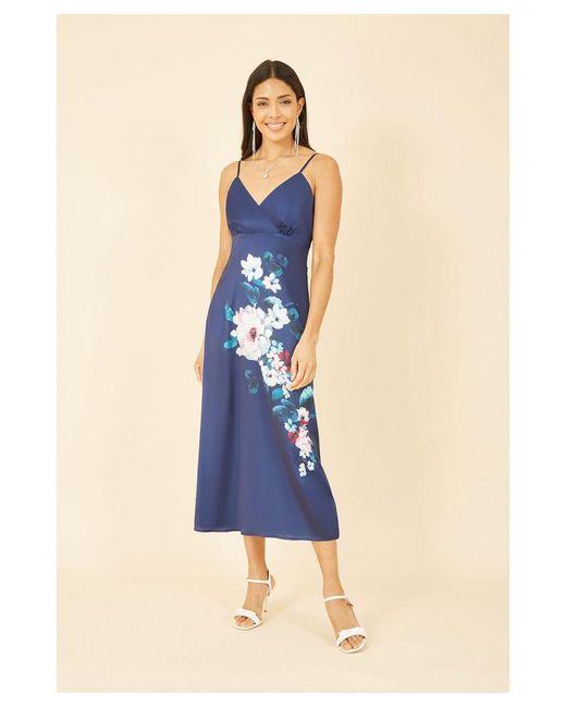 Yumi' Blue Satin Slip Dress With Floral Design
