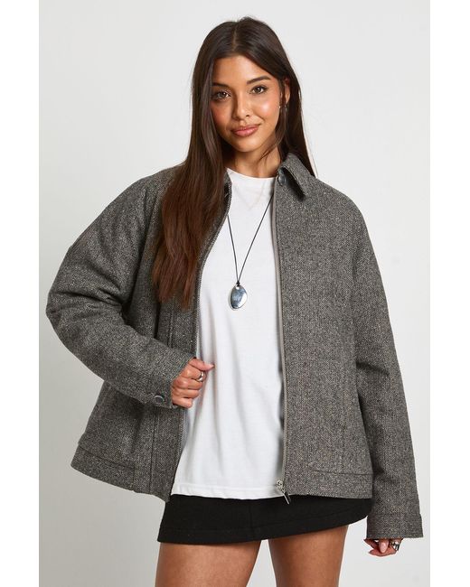 Boohoo Gray Herringbone Wool Blend Zip Front Jacket