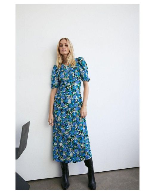 Warehouse Blue Textured Floral Ruched Front Puff Sleeve Midi