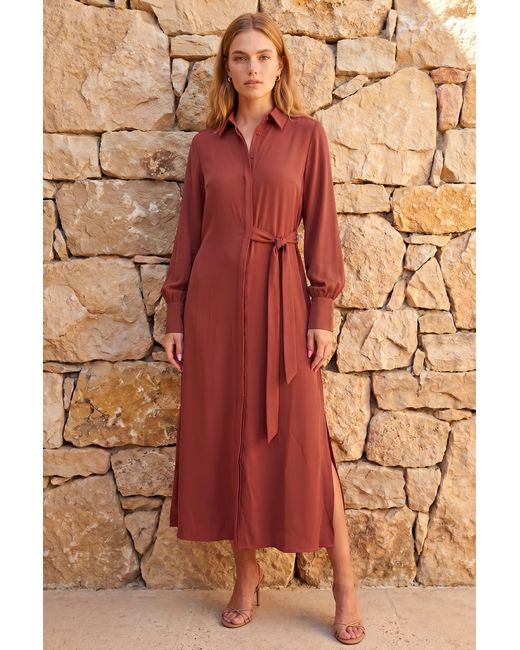 Roman Brown Tie Waist Buttoned Shirt Dress