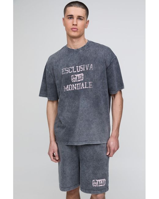 BoohooMAN Blue Oversized Loopback Washed Italia Printed Short Set for men