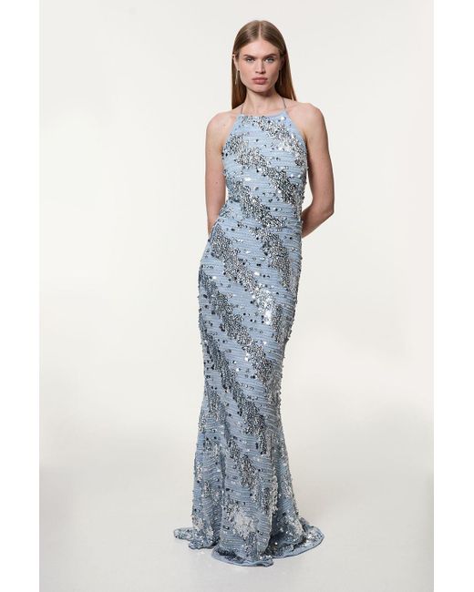 Karen Millen Blue Placed Sequin Fishtail Maxi Dress