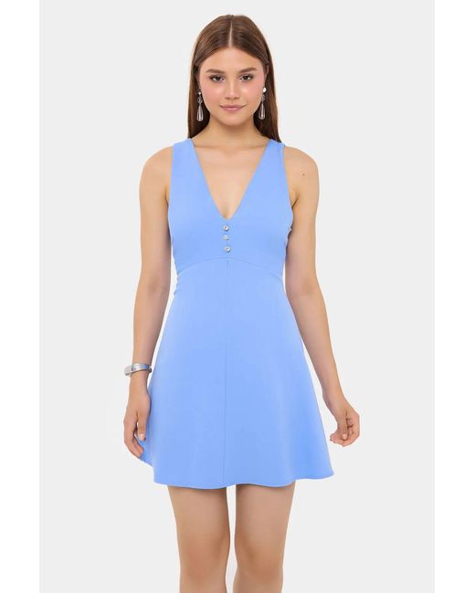 Hiccup Blue Cotton V-Neck Cut-Out Buttoned Detail Mini Dress