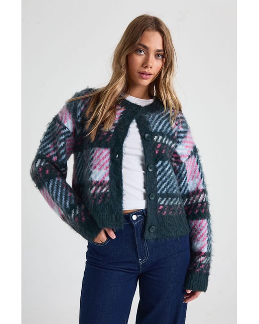 Boohoo Blue Super Soft Brushed Knit Check Boxy Fit Cardigan
